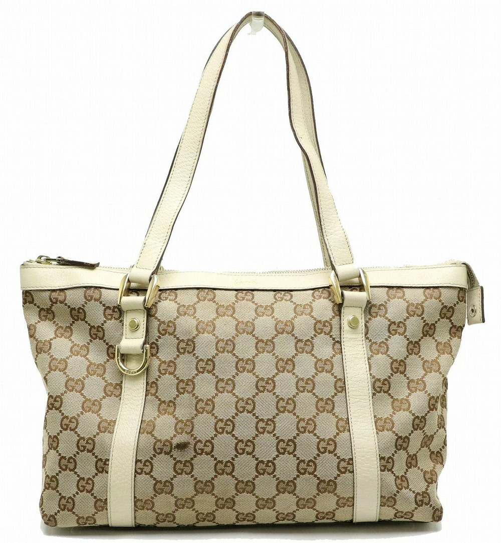 Gucci GG Canvas Abbey Shoulder Bag Tote Beige Brown Cream Ivory White